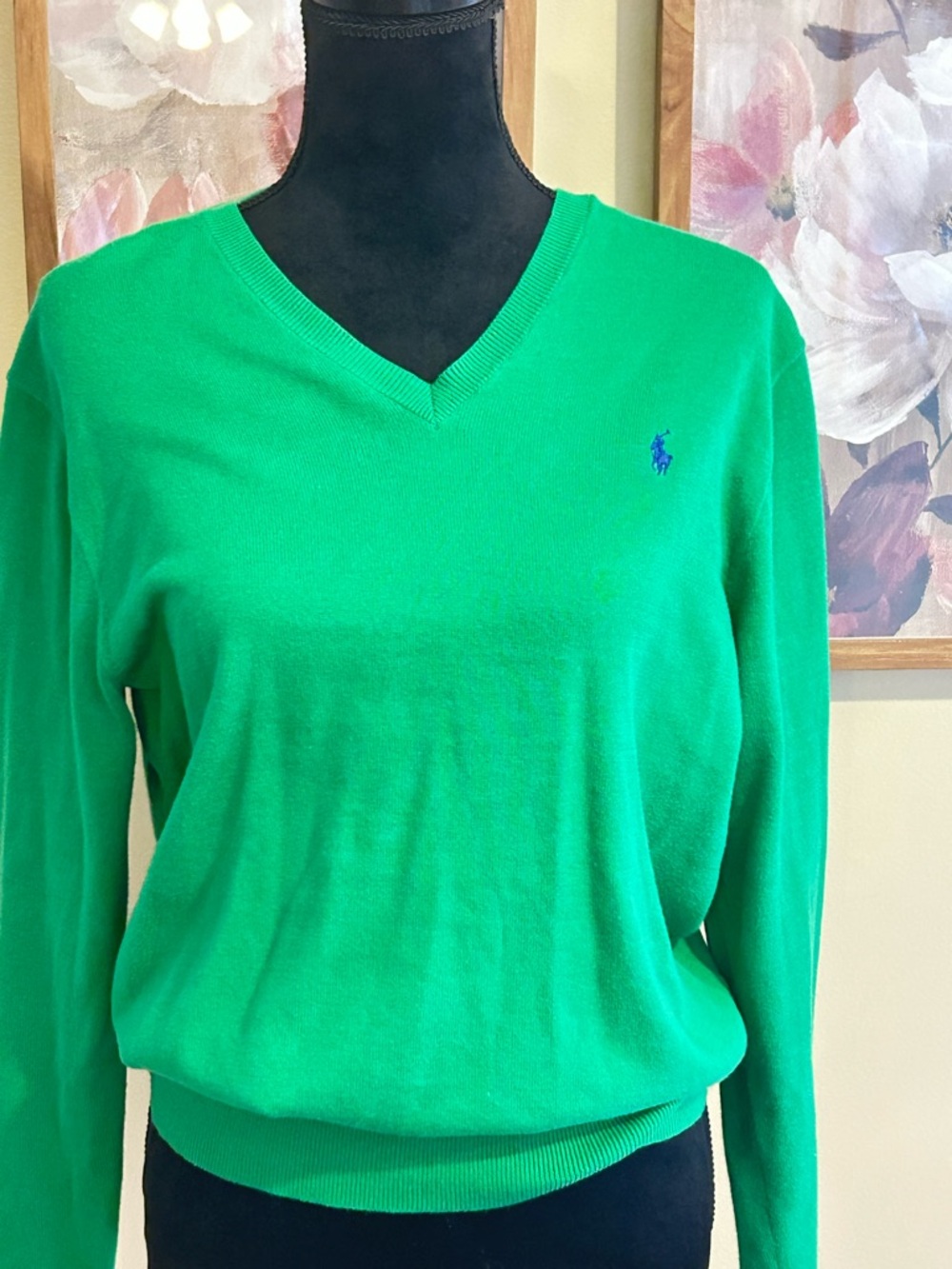 Ralph Lauren Kelly Green V-Neck Cotton Sweater